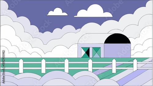 Cloudy sky with barn and fence