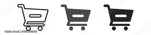 A set of three shopping cart icons in different styles: outlined, shaded, and solid.