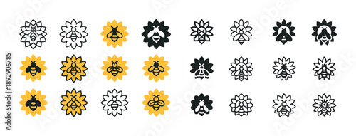 Vector bee and flower icons in black, white, and yellow - pattern and design