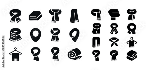 Set of black scarf icons and pins in various shapes