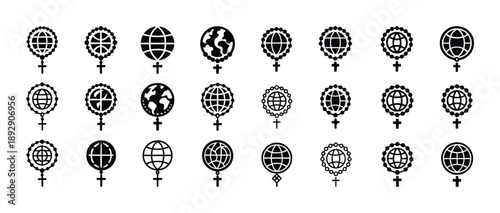 Set of religious symbols and globes with rosary designs