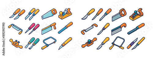 Colorful collection of various hand tools for woodworking and crafting