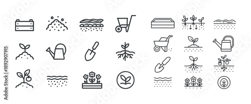Gardening line icons: planting tools, growth stages, soil, seedlings, watering