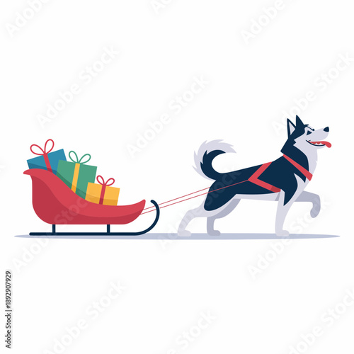 Husky dog pulling a Christmas sleigh filled with gift boxes, winter delivery scene