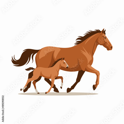 A powerful brown horse runs gracefully alongside its energetic young foal, depicting the strong, protective bond and shared freedom of a majestic horse family moving together in nature.