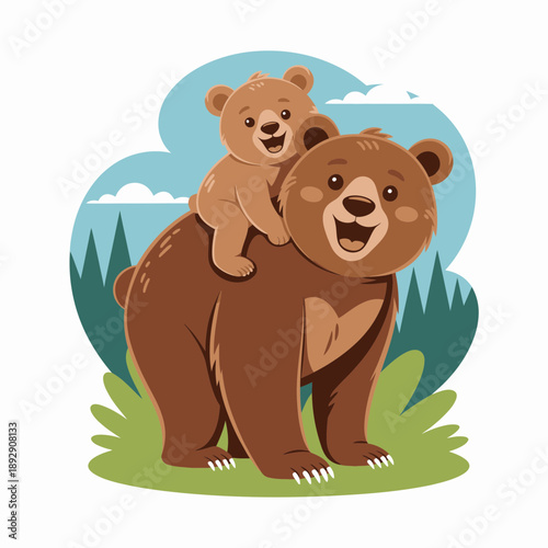 A joyful mama bear with a big, friendly smile carries her happy little cub on her back, both appearing delighted amidst a vibrant, cartoon-style forest background with green grass and blue sky.