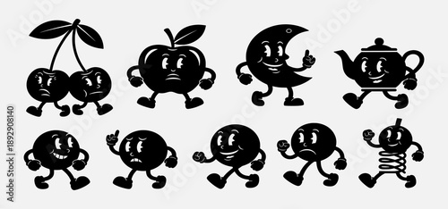 A collection of cartoon fruits and tea items in various poses and actions, illustrated in a simple black style
