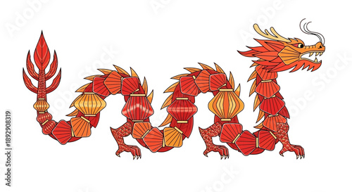 A vibrant red Chinese Dragon made of festival lanterns in a dynamic pose on a white background, symbolizing the Chinese New Year with a mix of traditional and vector elements.