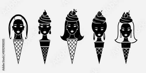 Collection of ice cream cone illustrations with feminine faces and varied hairstyles in a minimalist style