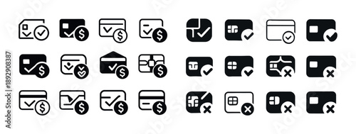 Set of 24 payment method icons featuring checks, cards, and coins