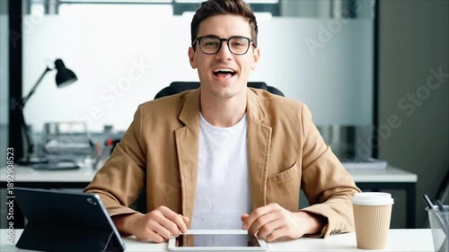 Smiling young businessman talking directly to camera from modern office desk during video call