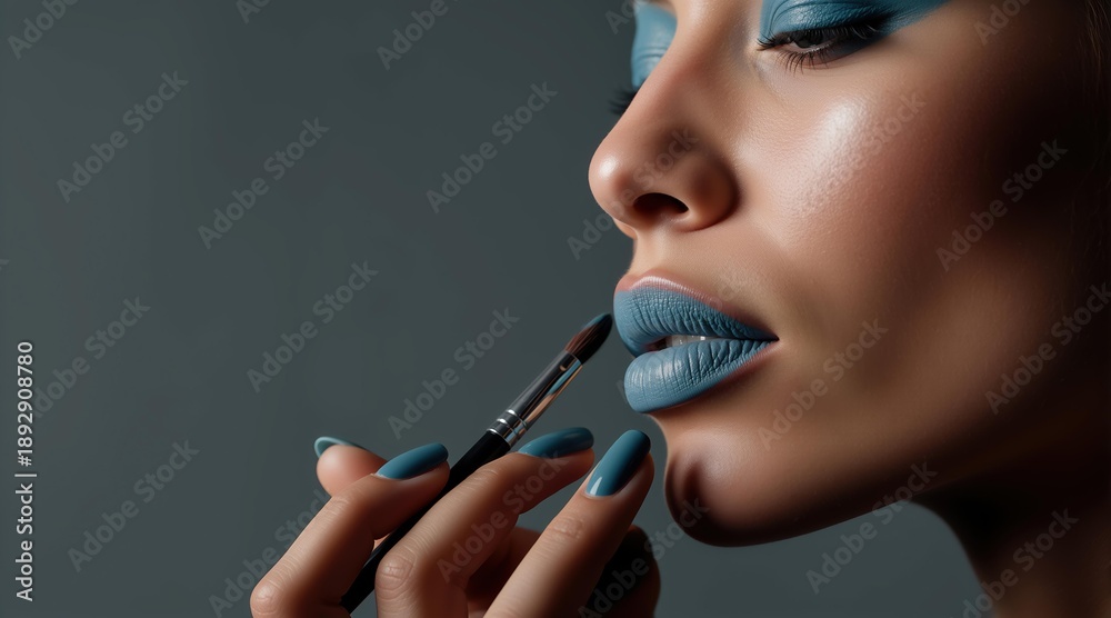 Fototapeta premium Woman applying blue lipstick with a brush. Makeup artist creating a bold and artistic beauty look. Concept of cosmetology and fashion.