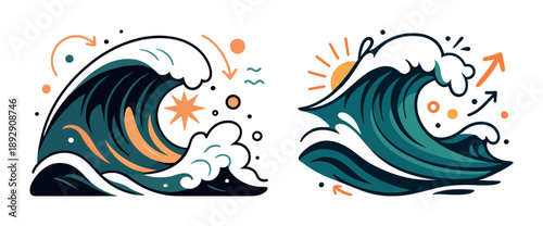 Abstract ocean waves with dynamic patterns and vibrant arrows indicating motion