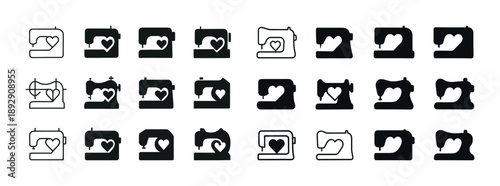 Black and white sewing machine icons with heart motif