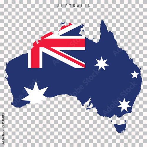 Map of Australia filled with national flag colors, isolated on transparent background, geographic silhouette for national and travel themes.
