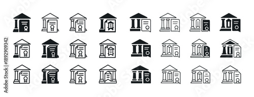 Bank building icon set: financial institution symbols in various styles