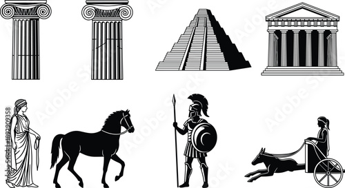 PrintVector illustration of ancient civilization elements including Greek columns, temple, warrior, chariot, horse and Mesoamerican pyramid, historical cultural heritage design references 