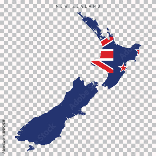 Map of New Zealand filled with national flag colors, two main islands isolated on transparent background.