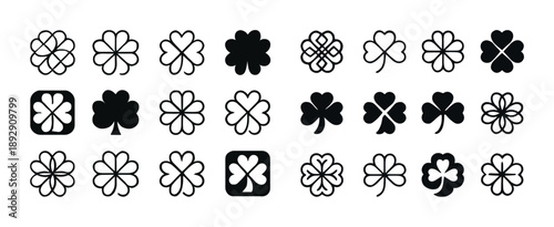 Collection of black clover icons in various designs and patterns