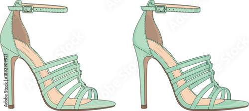 Elegant mint green high-heeled sandals with ankle straps and stiletto heels for modern fashion and footwear retail display