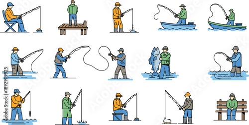 Fifteen cartoon-style illustrations of people fishing in diverse outdoor scenes showcasing techniques, gear, and recreational moments