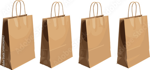 Four brown paper shopping bags with twisted handles standing upright for eco-friendly packaging, retail supplies, and product display
