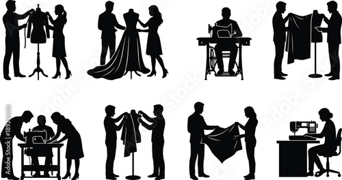 PrintVector illustration of fashion designers and tailors working with fabric, sewing machines and dress forms, collaborative garment creation concept for clothing industry