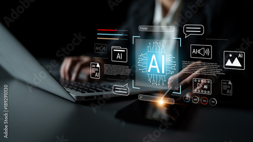 Quadro su tela Artificial intelligence streamlines workflow automation, enhances content generation, and optimizes data processing, help professional improve efficiency, creativity, and digital productivity
