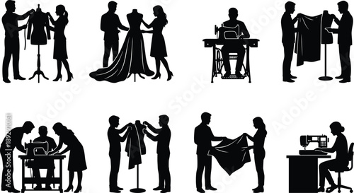 PrintVector illustration of fashion designers and tailors working with mannequins, sewing machines and fabric, collaborative garment creation concept for clothing industry