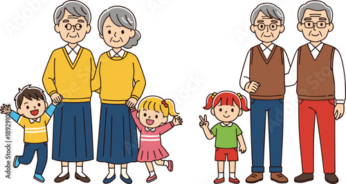 PrintVector illustration of grandparents and grandchildren family characters, intergenerational relationship concept showing elderly people with kids, joyful bonding design elements for education