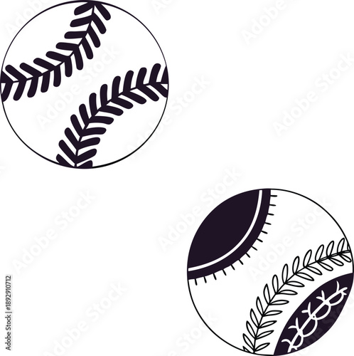 Black and white baseballs with different stitching patterns sports equipment