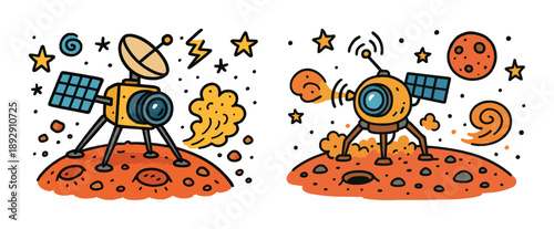 Cartoon space rovers on mars with antennas and solar panels