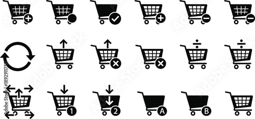 Shopping cart icons set, ecommerce symbols, black silhouette vector illustration for online store, ui, app, web, checkout, design