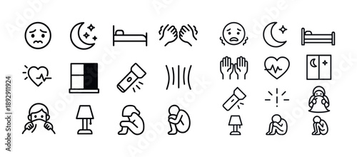 Line art icons of anxiety and insomnia: sad faces, sleepless nights, stress, solitude, restlessness