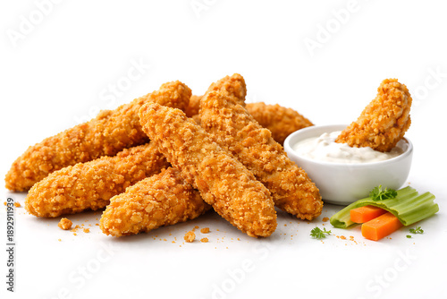 Crispy breaded chicken tenders with dipping sauce and fresh vegetable sticks on white background