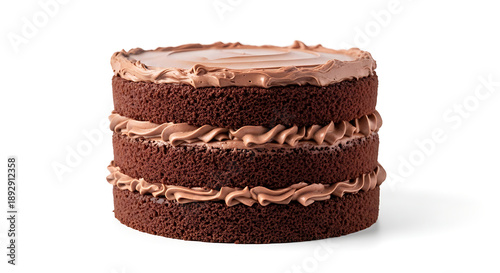 Photorealistic studio photograph of a rich chocolate cake, freshly baked and isolated on a pure white seamless background.