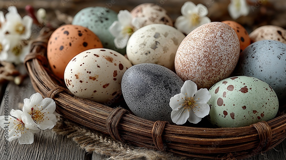 Obraz premium A collection of beautifully speckled eggs rests in a woven basket, accompanied by blossoming flowers. The scene evokes a sense of springtime joy and warmth, inviting creativity
