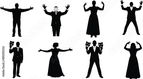 PrintVector, black, silhouettes, of, actors, and, actresses, performing, on, stage, wearing, masks, and, formal, costumes, for, theater, drama, entertainment, and, arts, marketing, materials