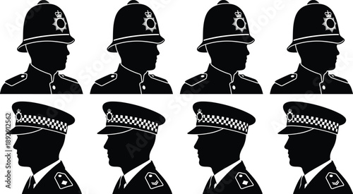 PrintVector, black, silhouettes, of, British, police, officers, in, uniform, featuring, traditional, bobby, helmets, and, peaked, caps, side, profile, views, for, security, and, law, enforcement