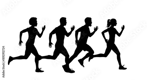 Silhouettes of runners in motion isolated on transparent background