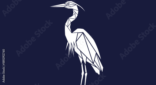Geometric White Heron Silhouette on Dark Blue Background.