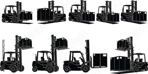 PrintVector, black, silhouettes, of, industrial, forklift, trucks, carrying, heavy, cargo, boxes, and, pallets, from, various, angles, for, warehouse, logistics, and, transportation, design, templates