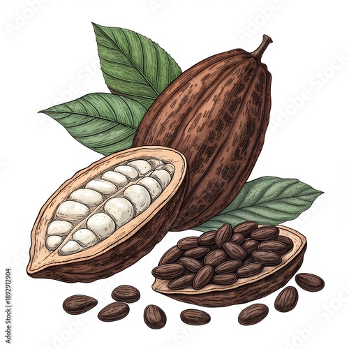 Cocoa Pods and Cocoa Beans Digital Illustration on White Background