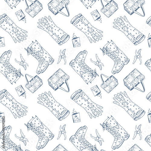 Seamless pattern with rubber boots and gardening equipment