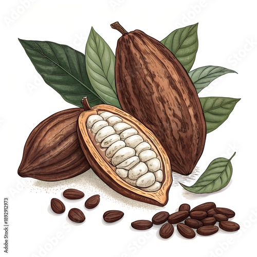 Cocoa Pods and Cocoa Beans Digital Illustration on White Background