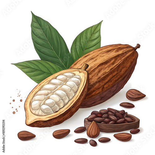 Cocoa Pods and Cocoa Beans Digital Illustration on White Background