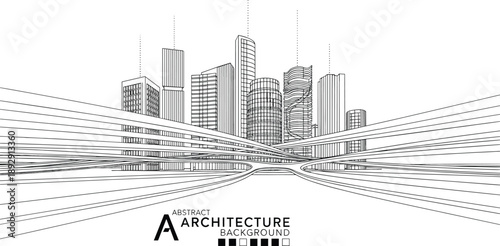 Futuristic abstract city skyline vector illustration with high rise skyscrapers urban highway infrastructure and modern architectural planning.