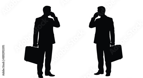 Two silhouetted businessmen talking on phones while holding briefcases
