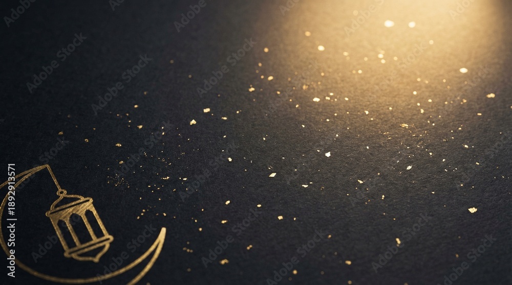 Fototapeta premium Ramadan Abstract Background: Dark Matte Paper Texture with Subtle Gold Foil Speckles and Soft Glow, Elegant Luxury Negative Space