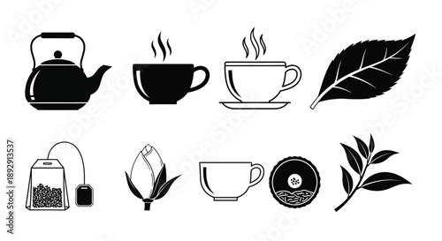 Black and white illustration of tea elements kettle cup and leaves